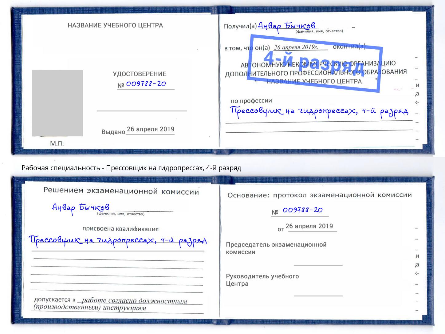 корочка 4-й разряд Прессовщик на гидропрессах Пушкино