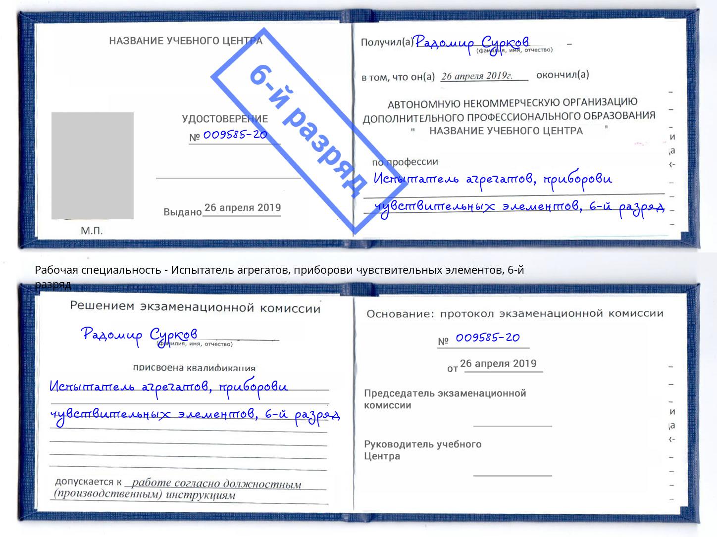 корочка 6-й разряд Испытатель агрегатов, приборови чувствительных элементов Пушкино
