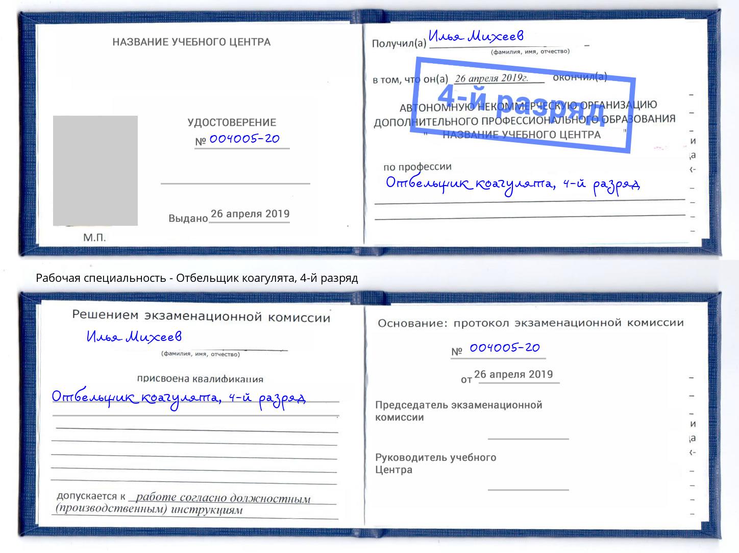 корочка 4-й разряд Отбельщик коагулята Пушкино