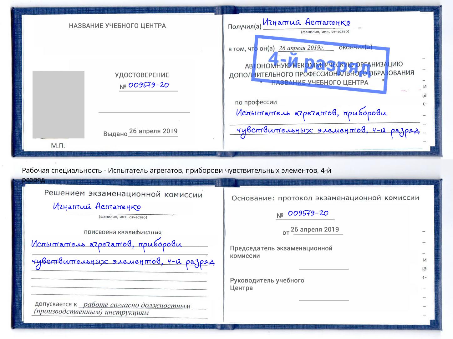 корочка 4-й разряд Испытатель агрегатов, приборови чувствительных элементов Пушкино