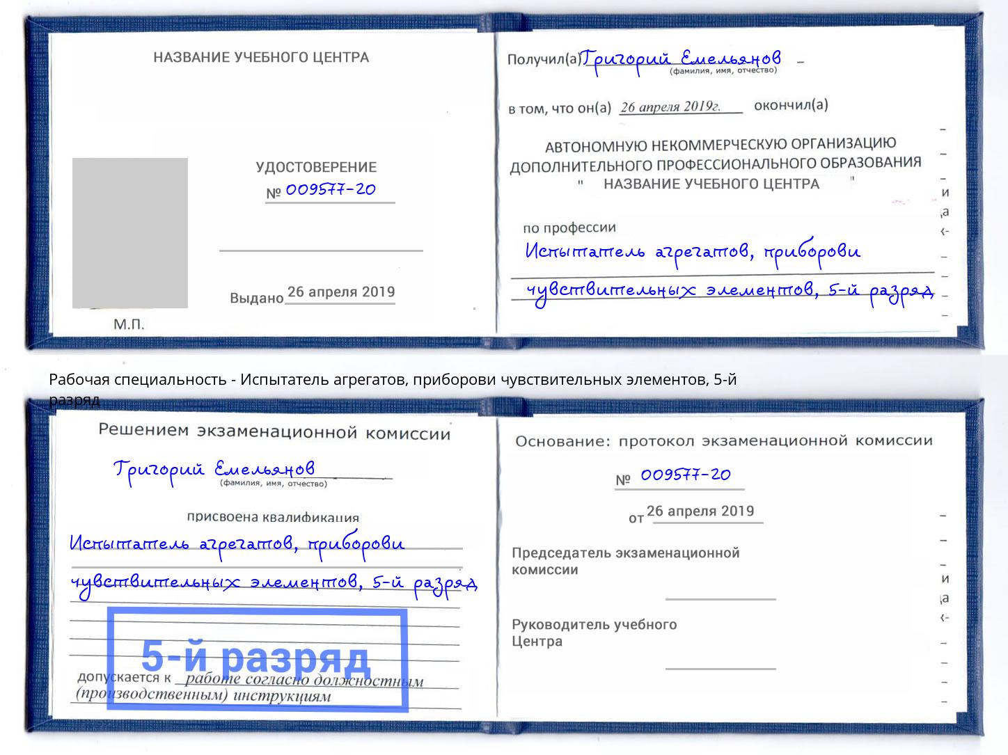 корочка 5-й разряд Испытатель агрегатов, приборови чувствительных элементов Пушкино