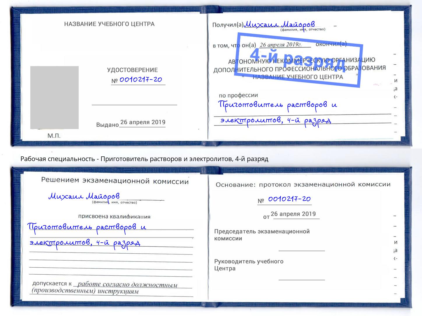 корочка 4-й разряд Приготовитель растворов и электролитов Пушкино