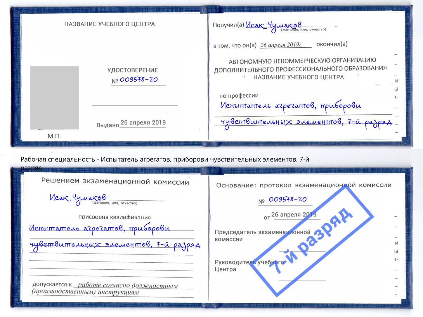 корочка 7-й разряд Испытатель агрегатов, приборови чувствительных элементов Пушкино