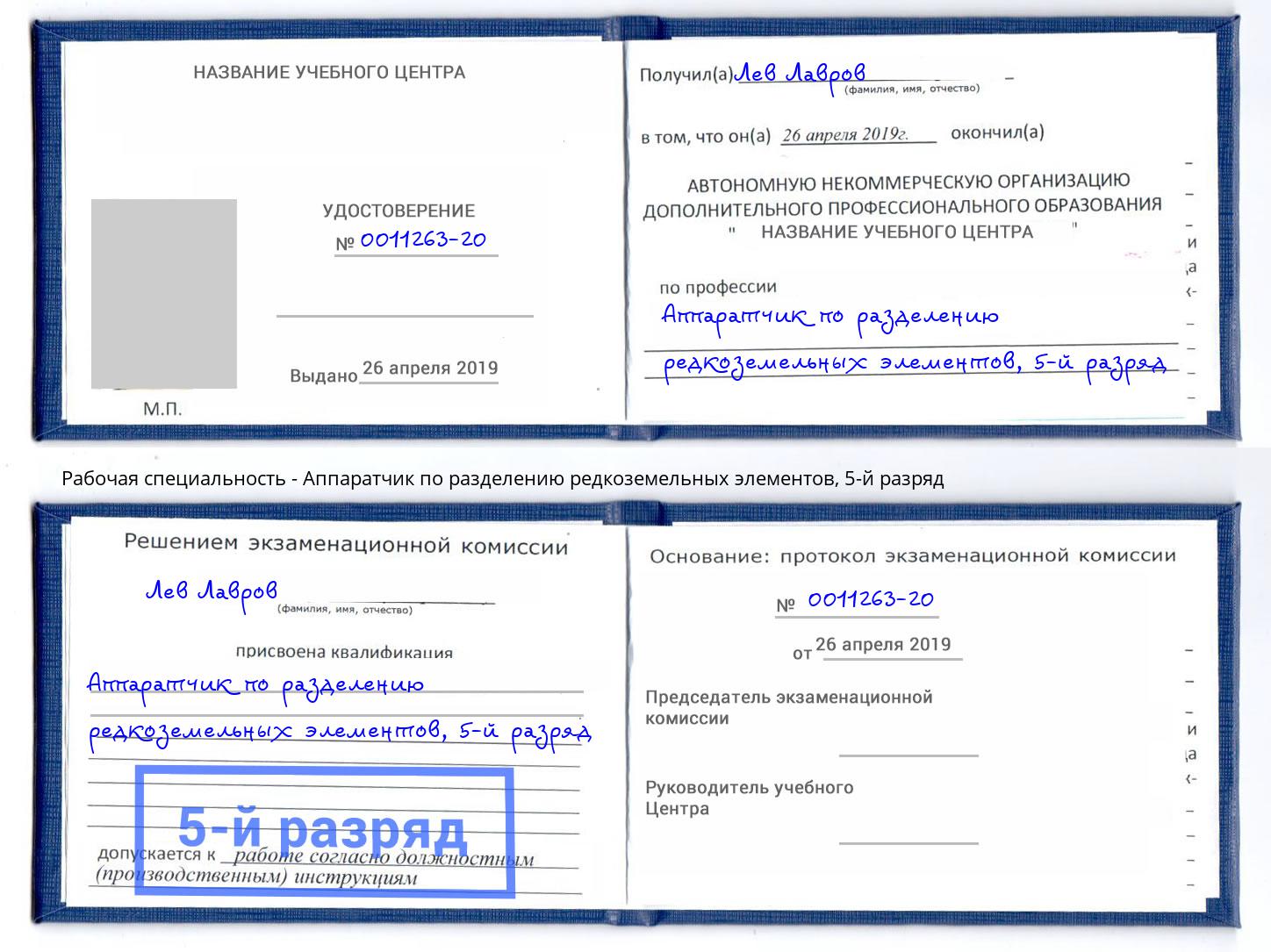 корочка 5-й разряд Аппаратчик по разделению редкоземельных элементов Пушкино