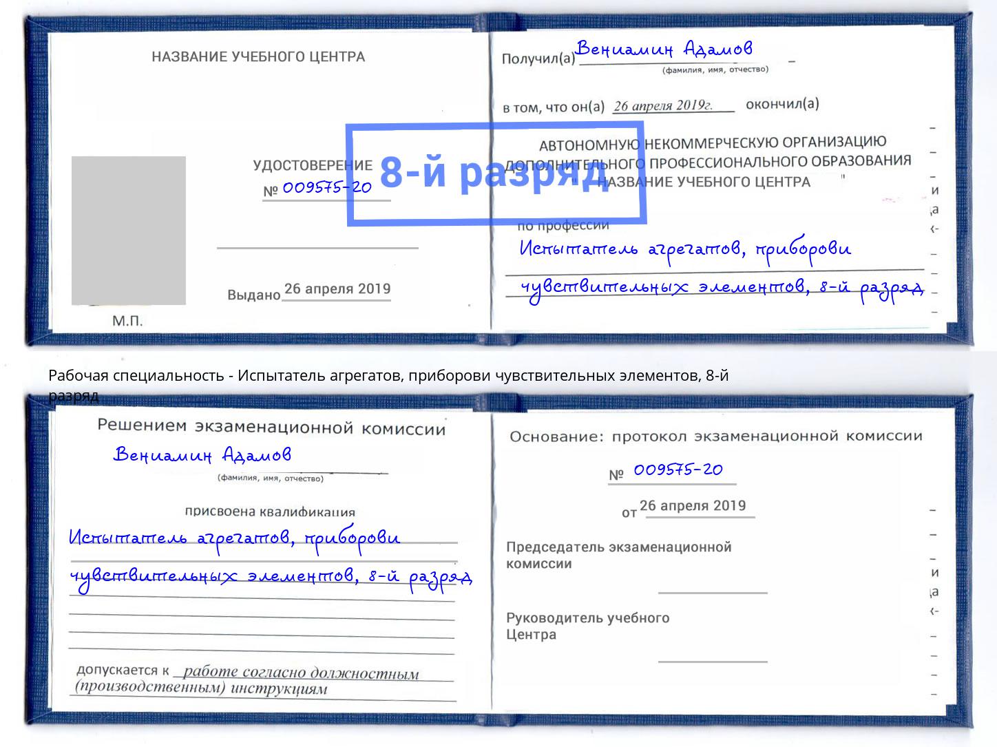 корочка 8-й разряд Испытатель агрегатов, приборови чувствительных элементов Пушкино